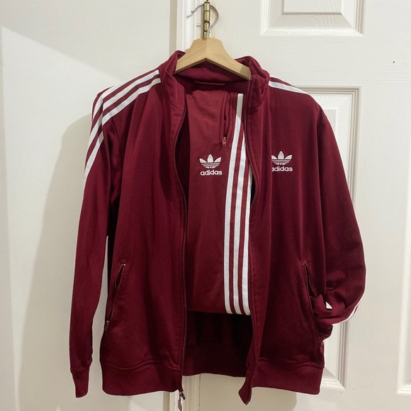 burgundy adidas suit